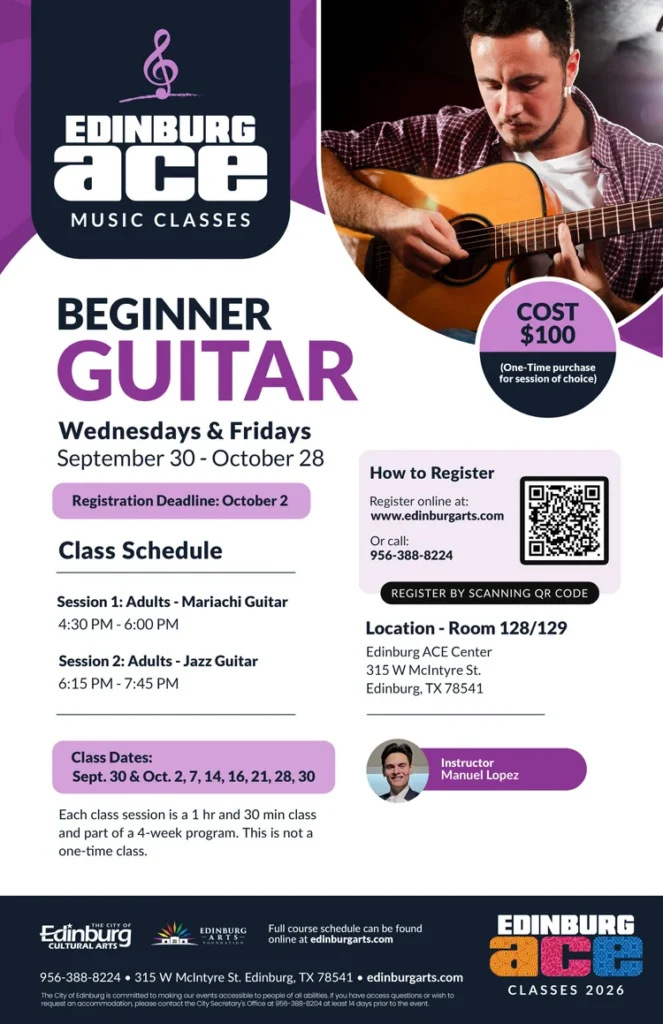 Beginner guitar class flyer with man playing