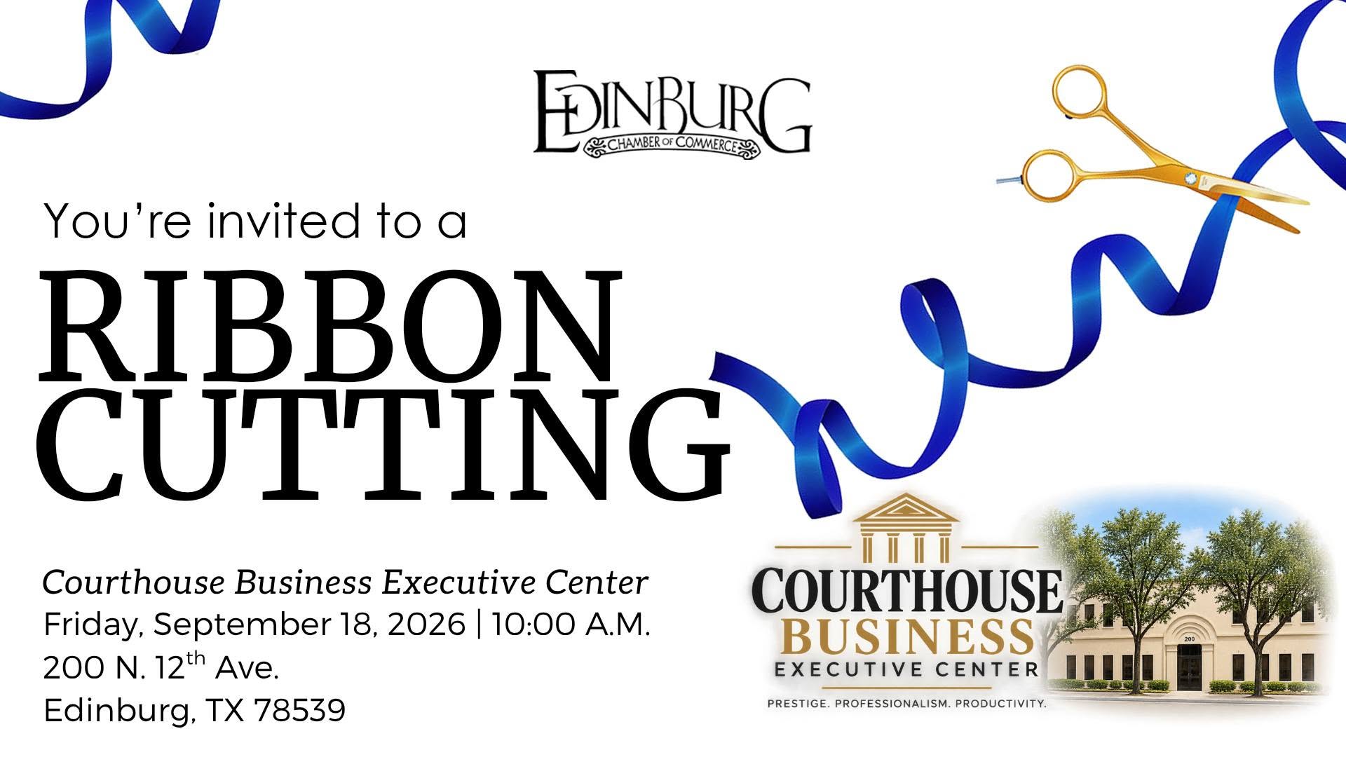 Blue ribbon cutting invitation with gold scissors