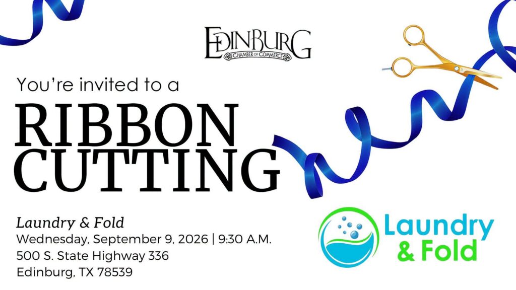 Ribbon cutting invitation with blue ribbon and scissors