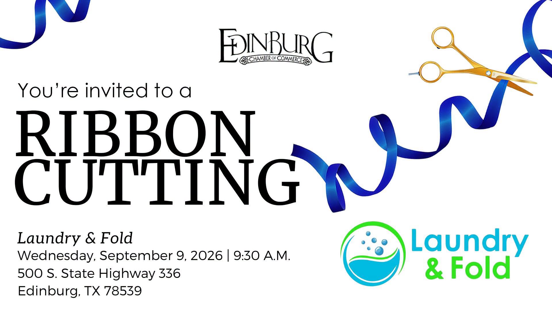 Ribbon cutting invitation with blue ribbon and scissors