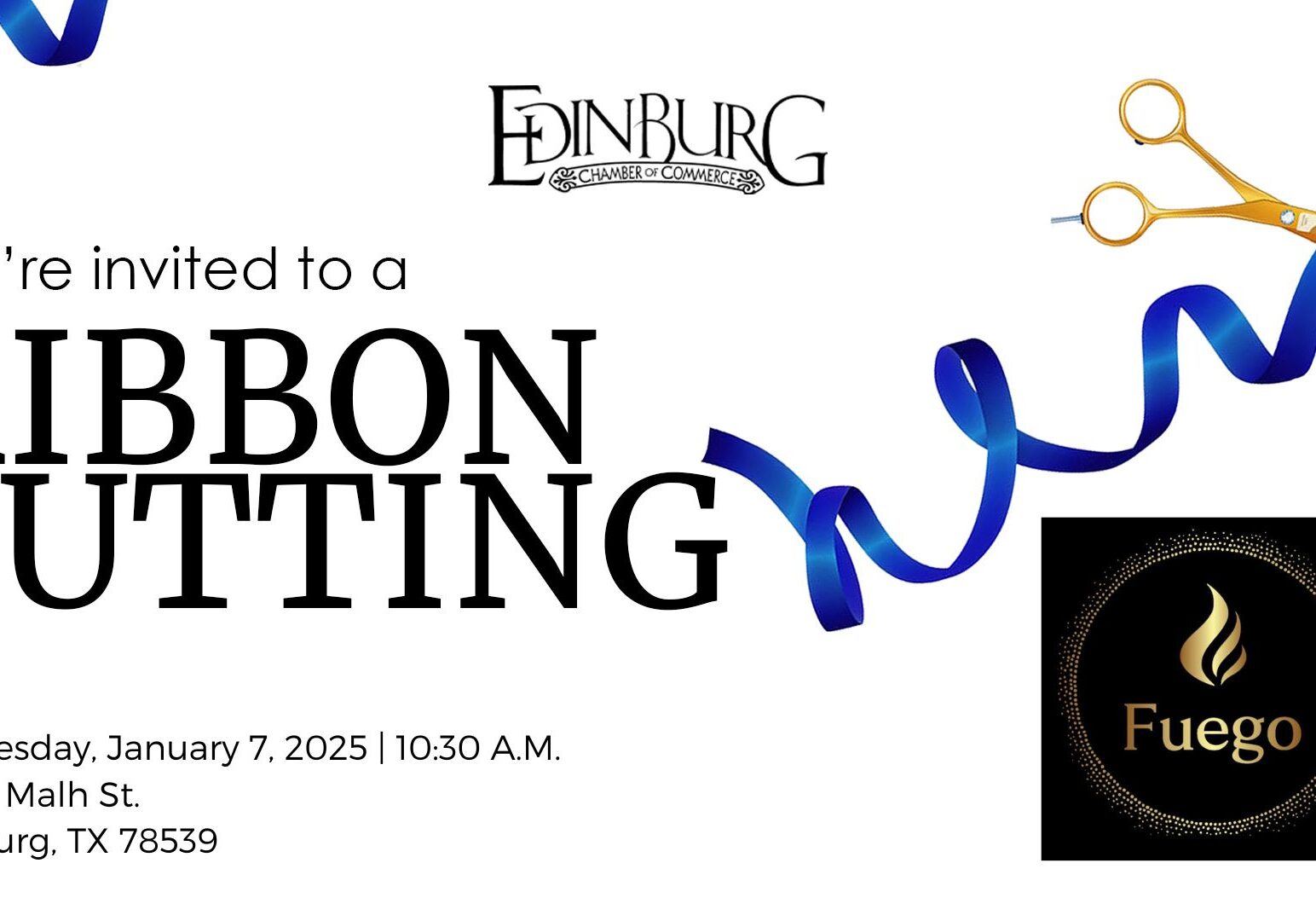 Ribbon cutting invitation with blue ribbon and scissors
