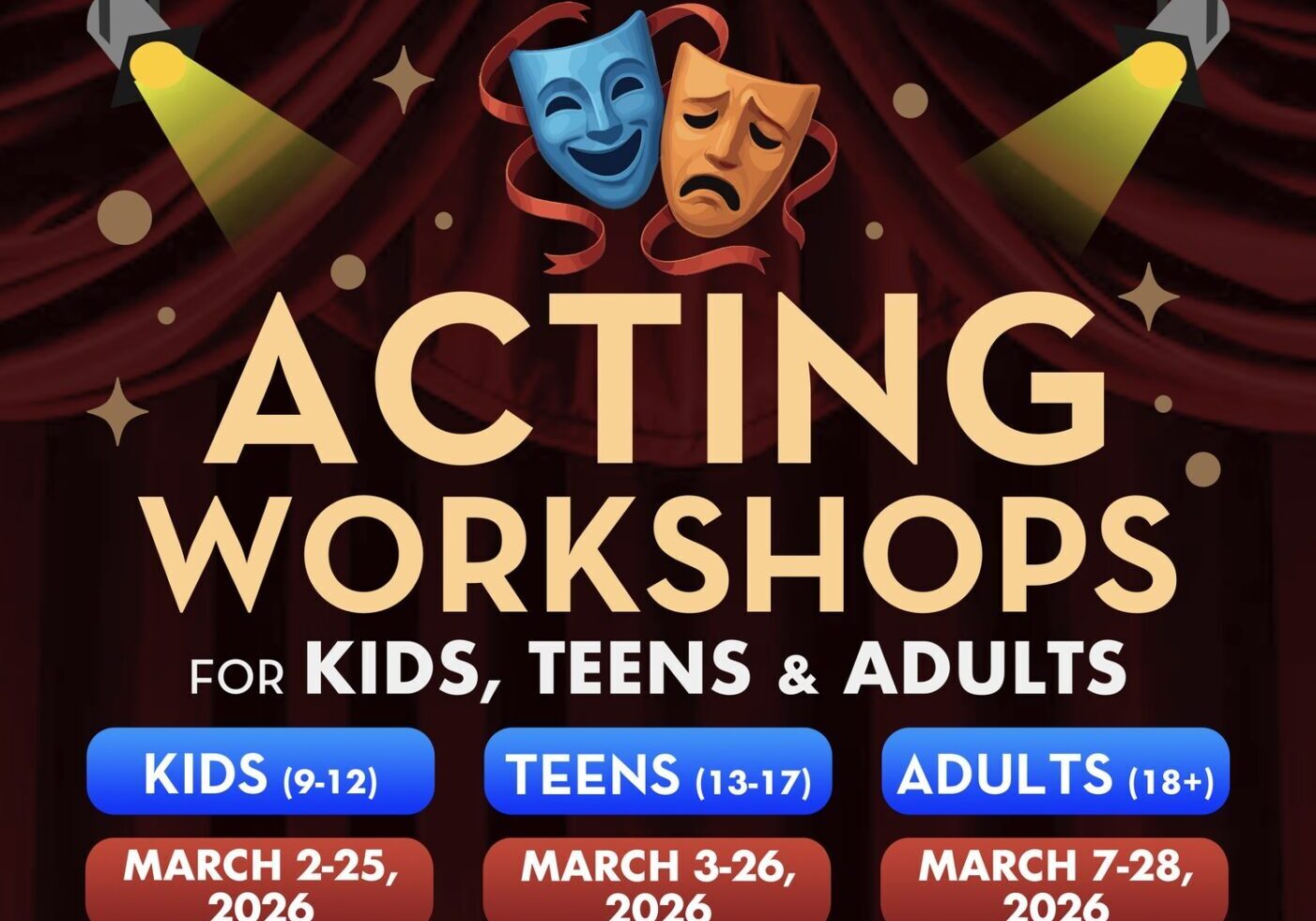 Acting workshops poster with comedy and tragedy masks