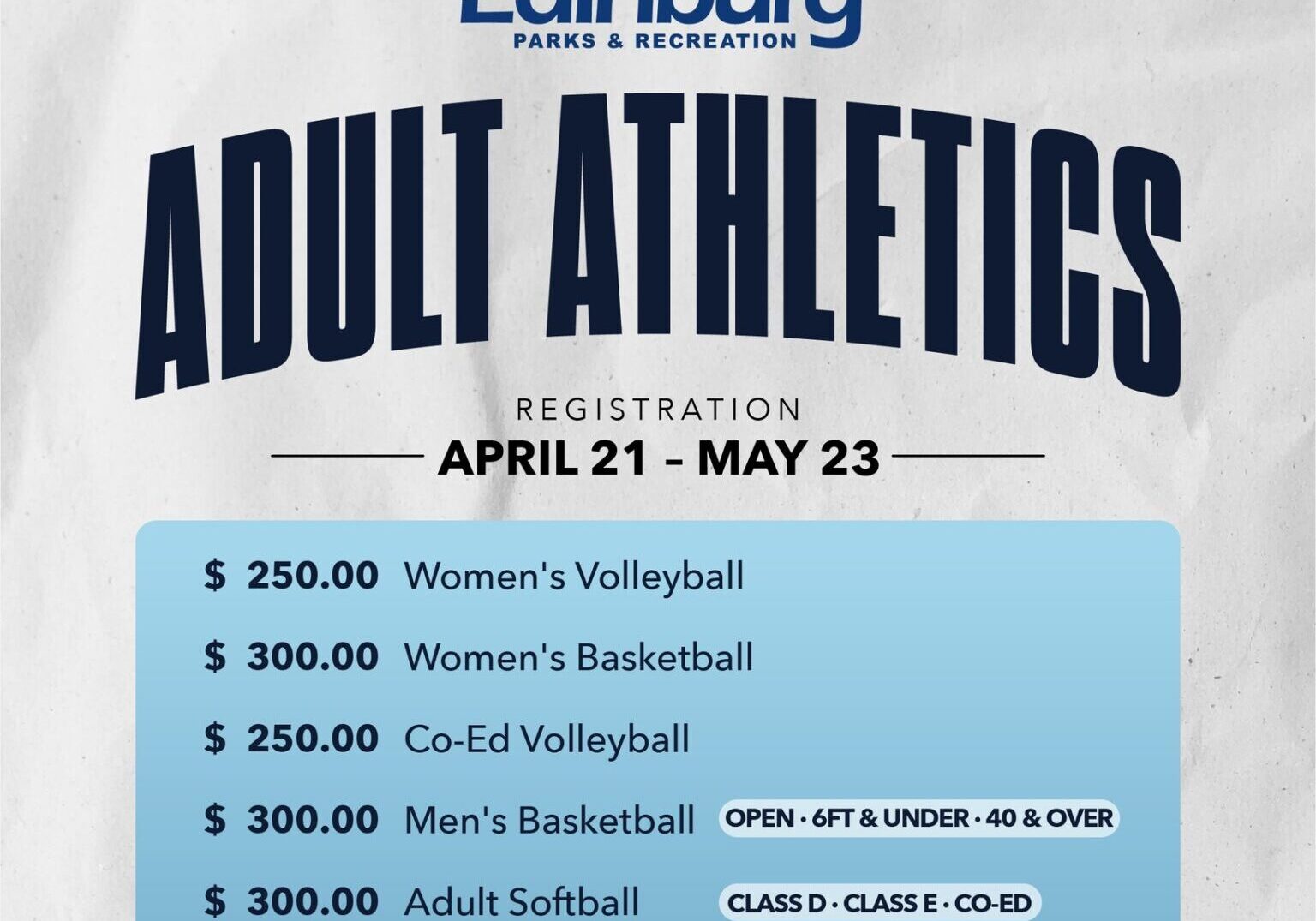 Edinburg Parks and Recreation adult athletics flyer