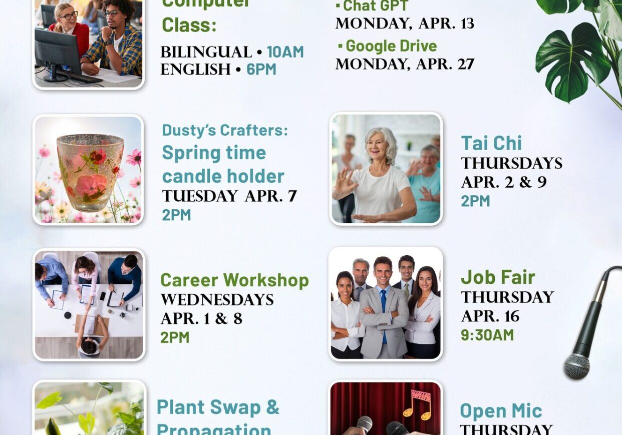 Library adult programs flyer, April 2026 events