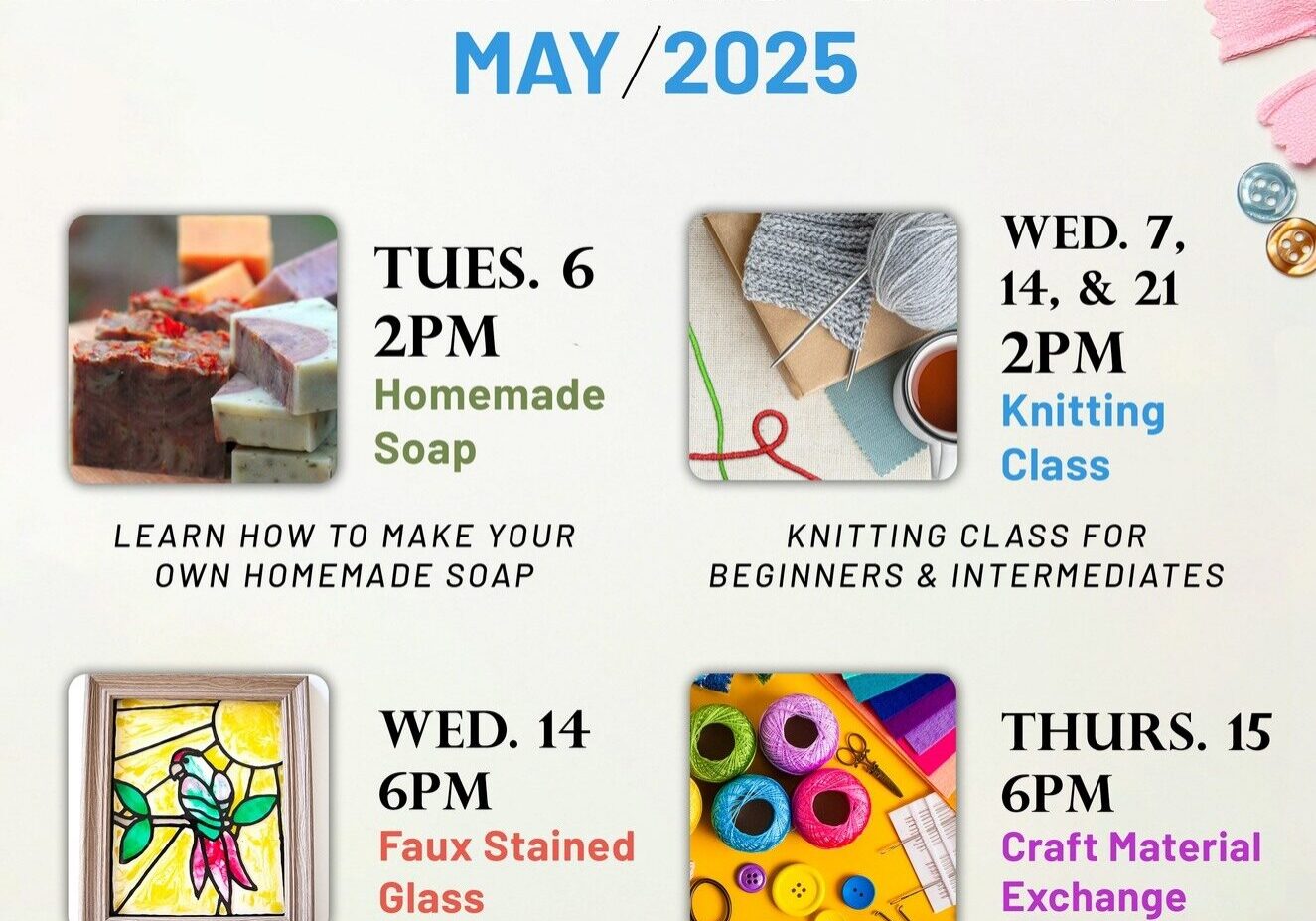 Library adult program flyer May 2025