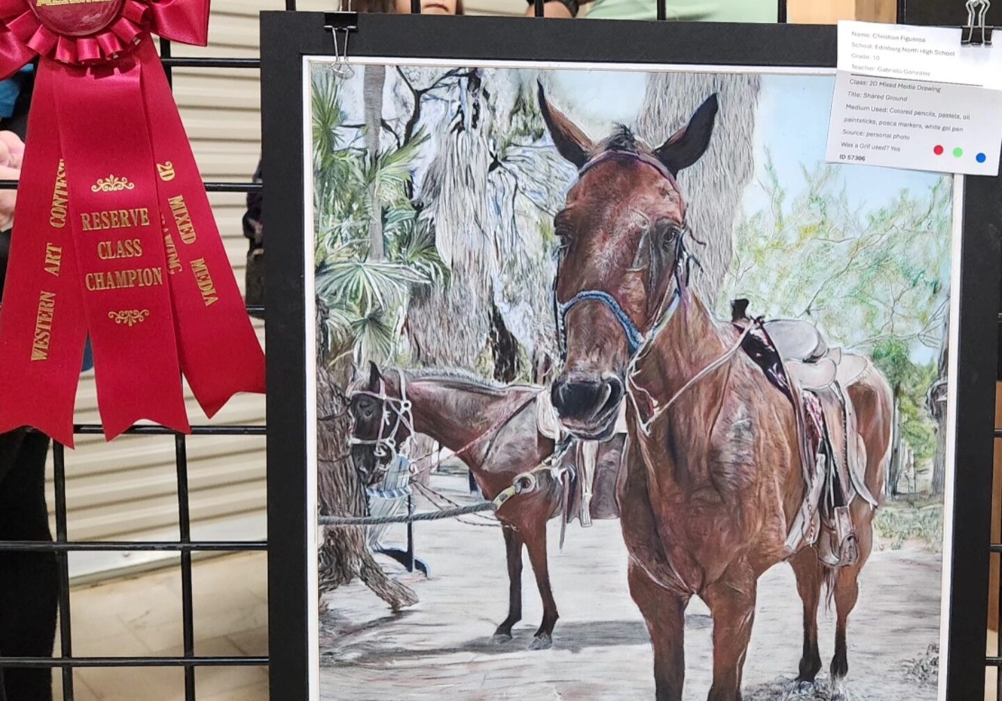 Framed horse painting with red award ribbon