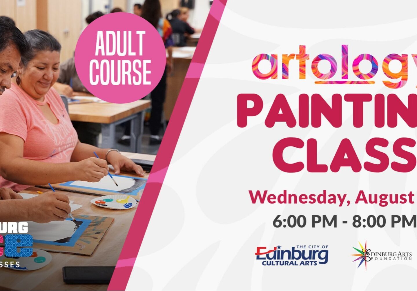 Adult painting class flyer with two participants