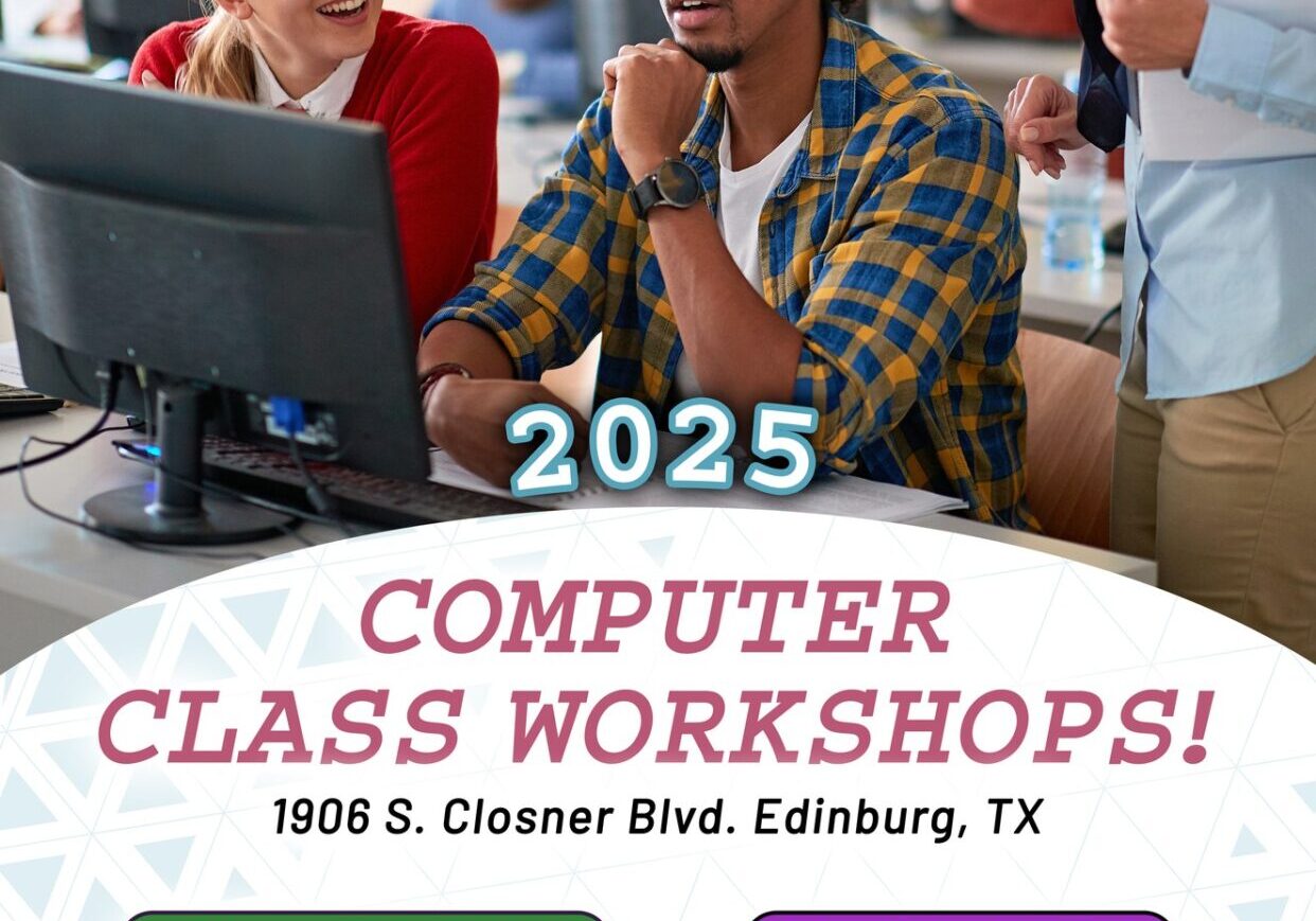 Students learning computers in library workshop