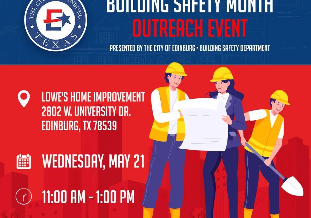 Building safety outreach poster with construction workers