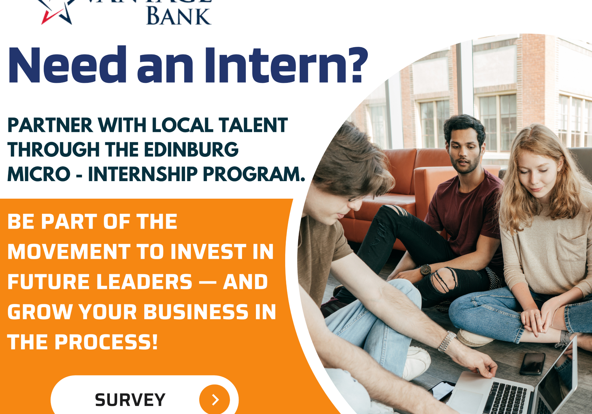 Vantage Bank internship ad showing students collaborating