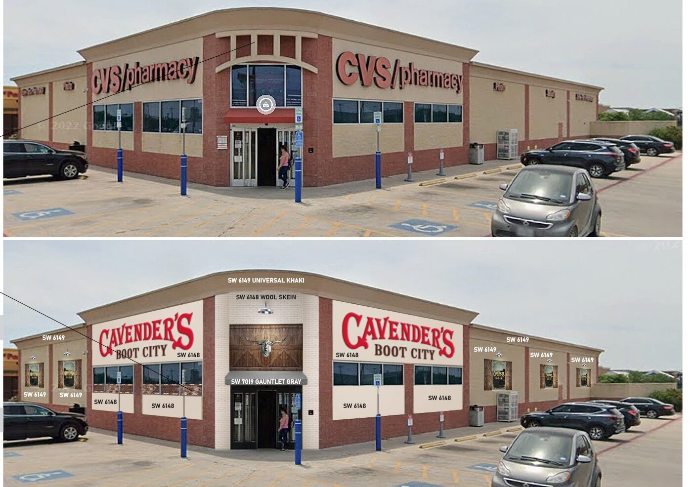 Corner building showing CVS and Cavender's facades