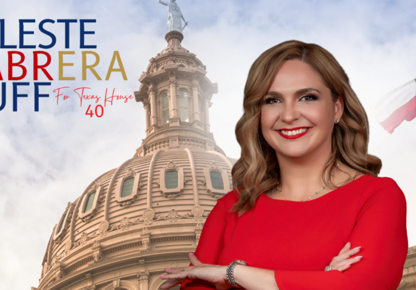 Smiling woman in red before Texas Capitol