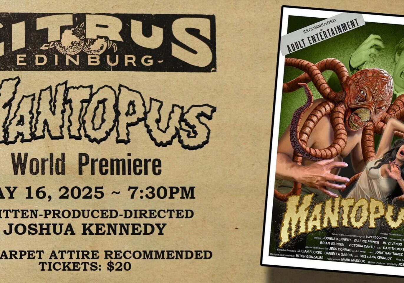 Mantopus poster: tentacled monster attacking people
