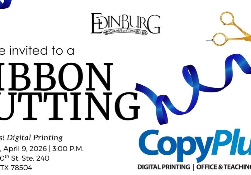CopyPlus ribbon-cutting invitation with blue ribbon