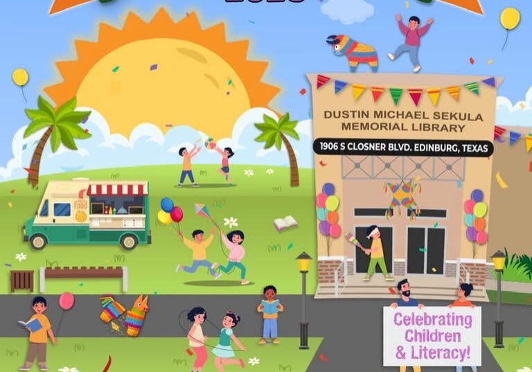 Children's literacy festival poster with kids and library