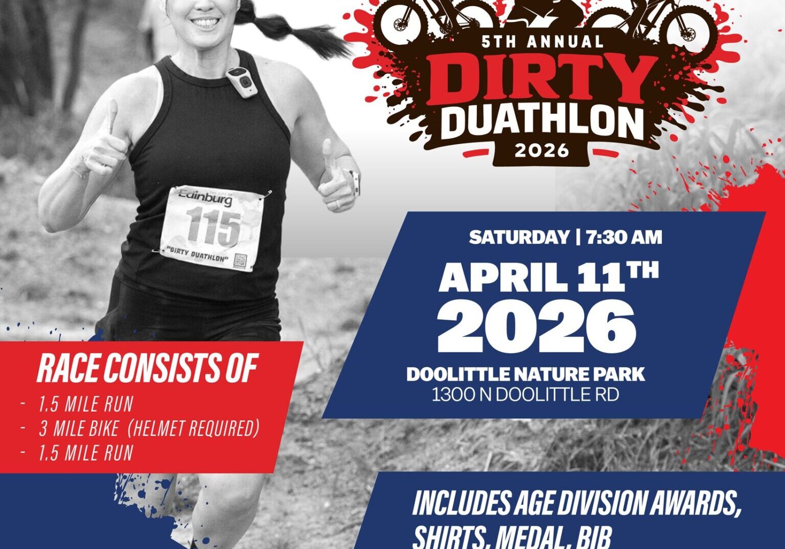 Dirty Duathlon 2026 event flyer with runner