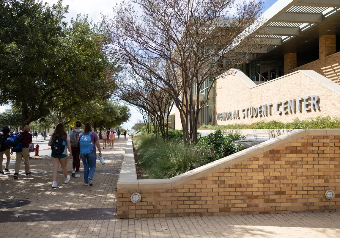 Students walking past university student center