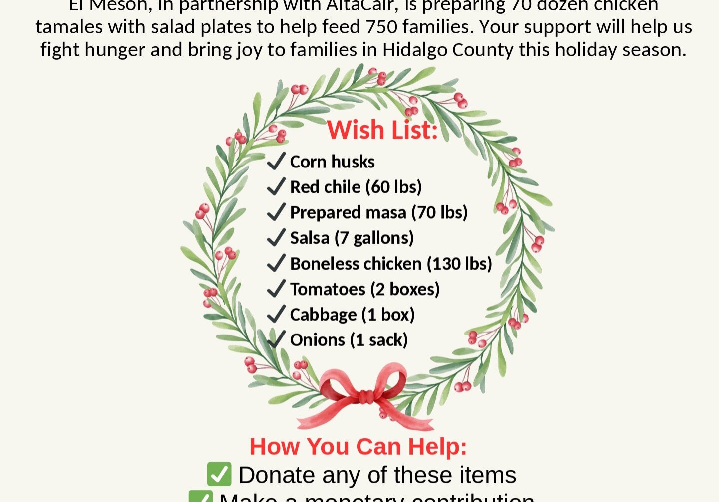 Holiday tamale fundraiser flyer with wish list