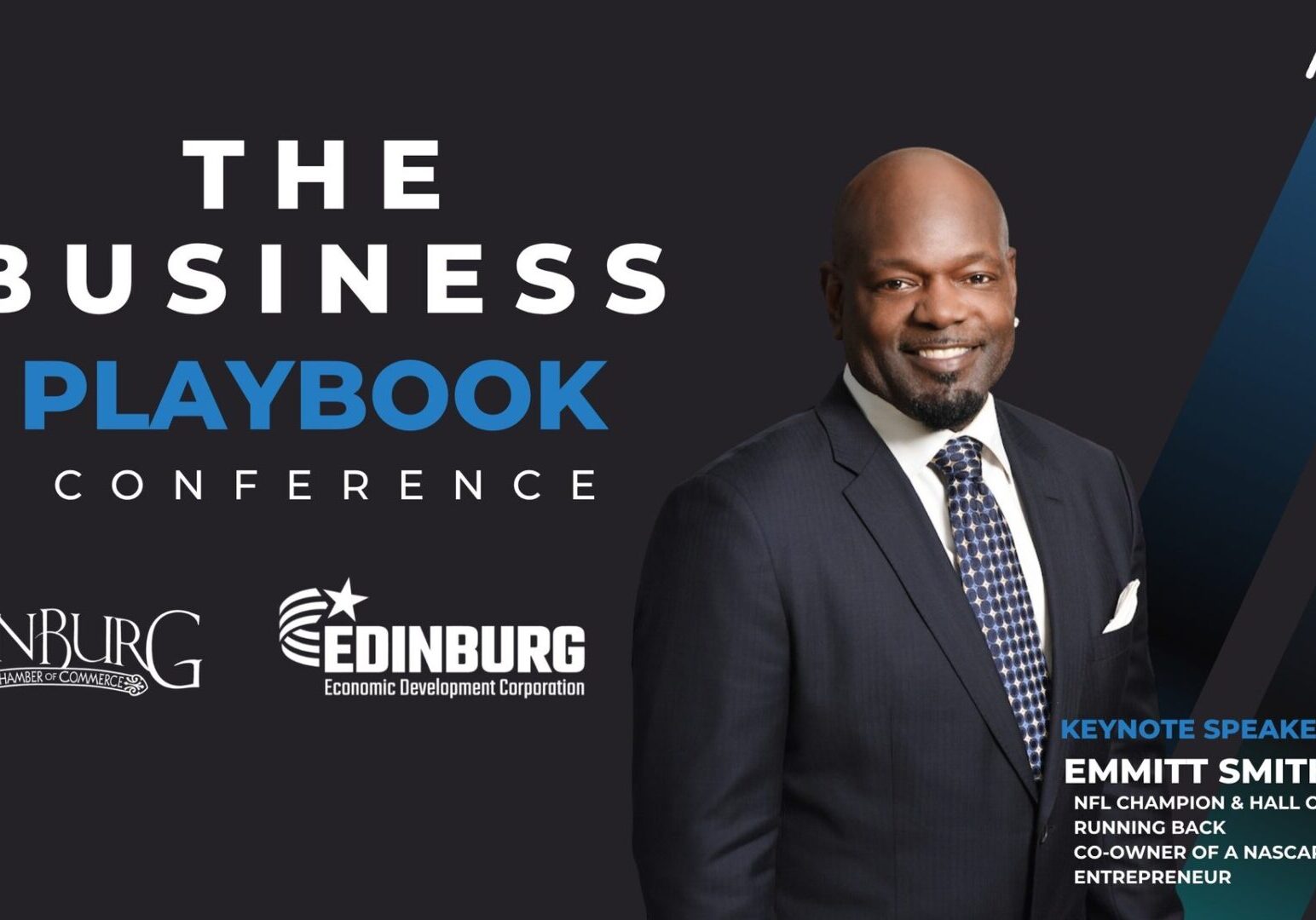 Smiling professional in suit on business conference banner