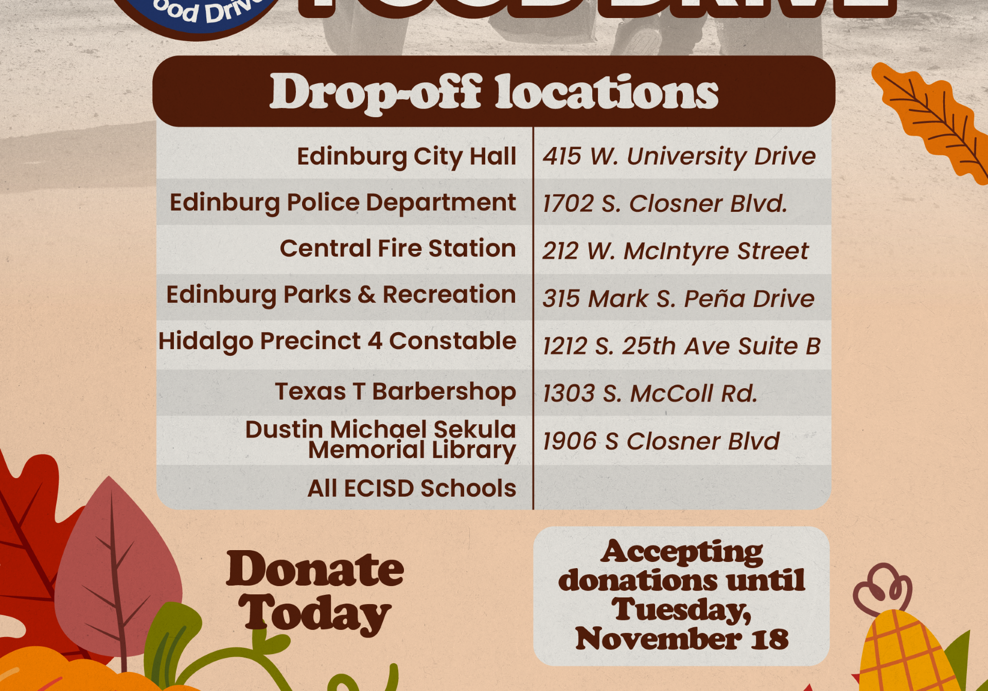 Edinburg Cares food drive flyer, fall-themed