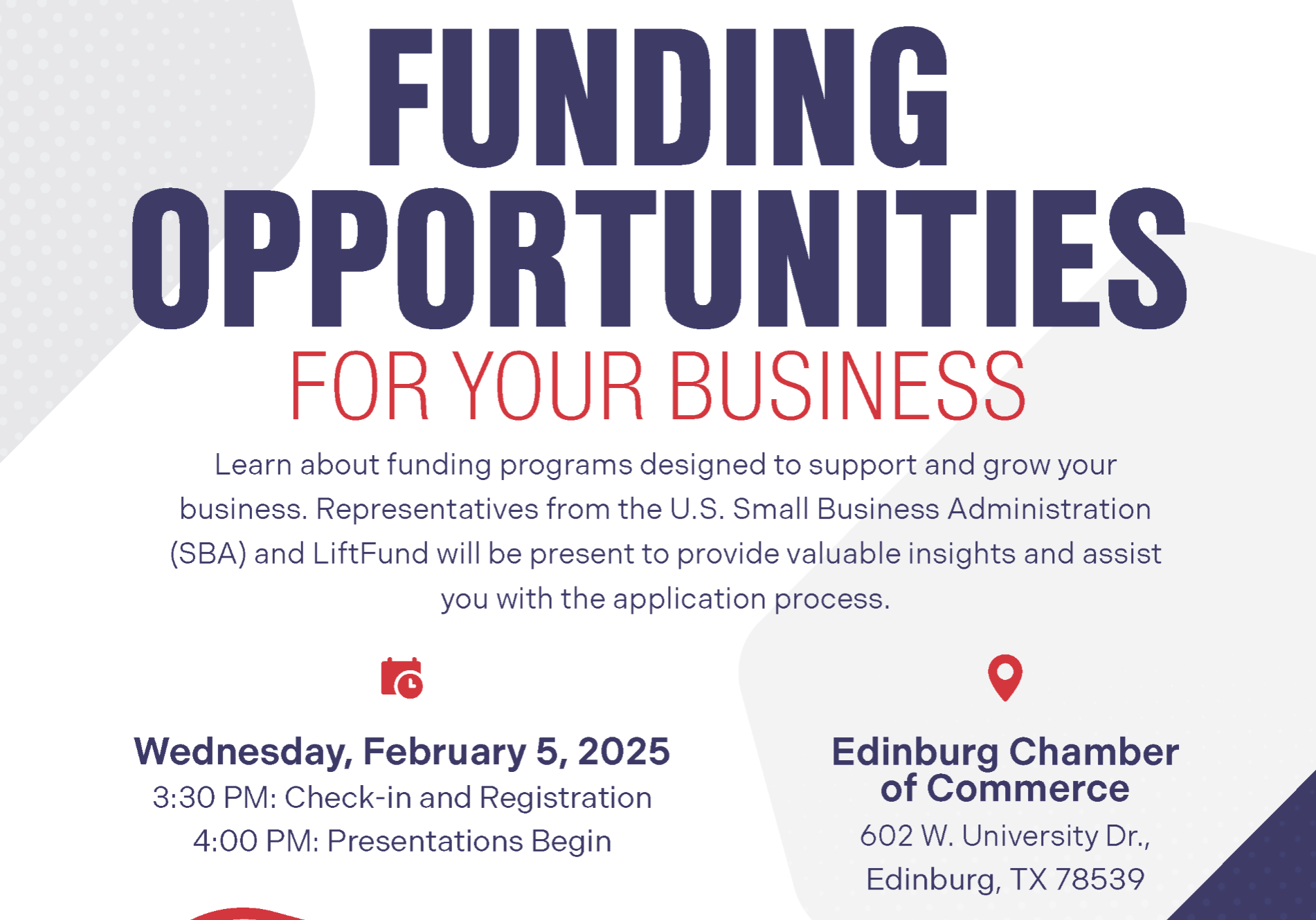 Business funding opportunities event flyer