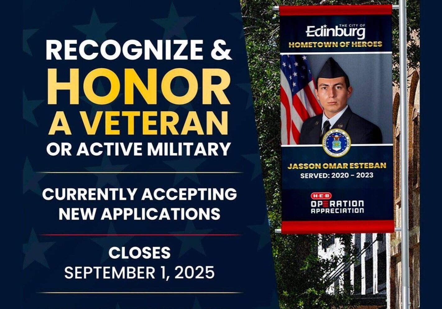 Banner honoring veteran with application deadline