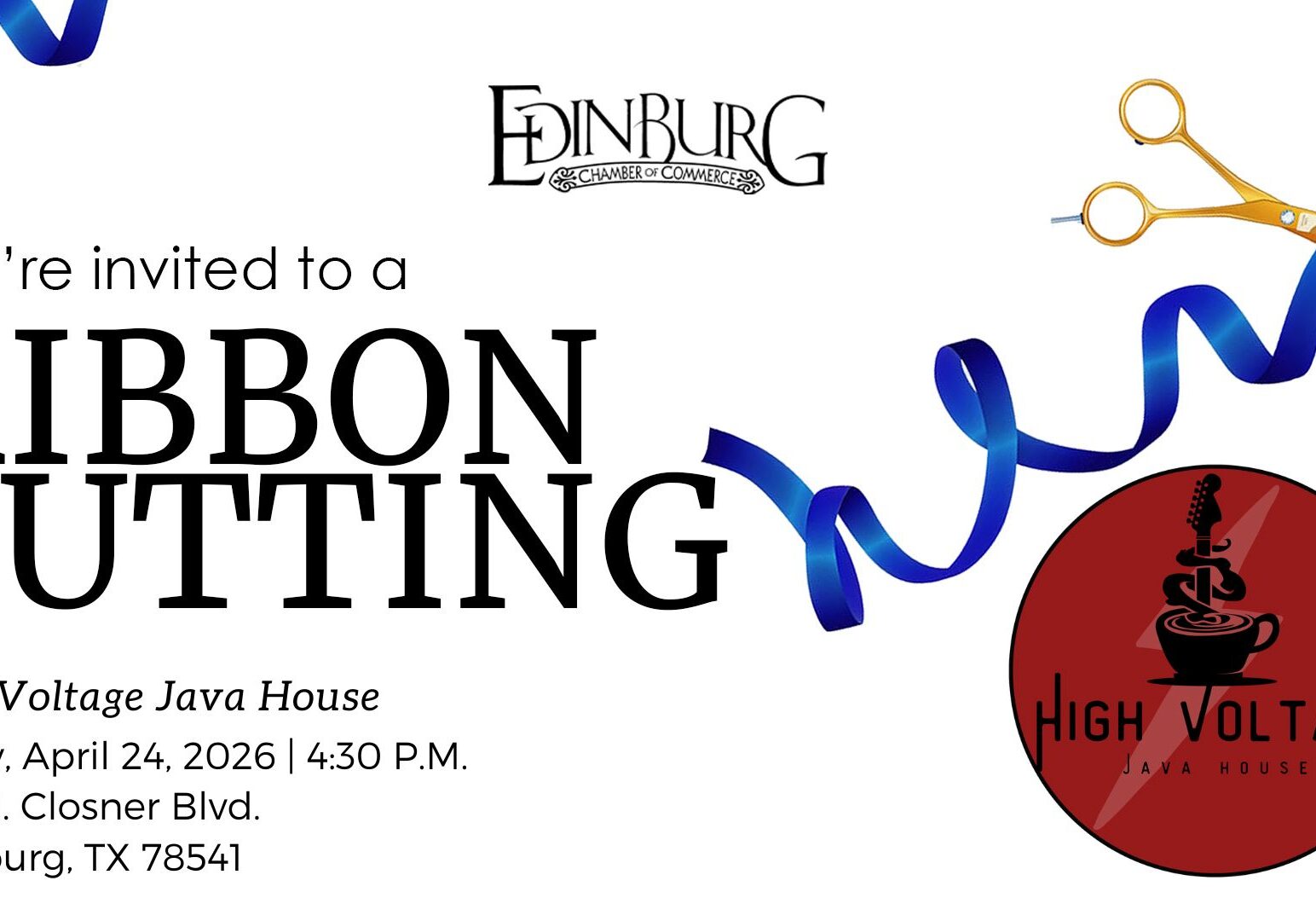 Ribbon cutting invitation for High Voltage Java House