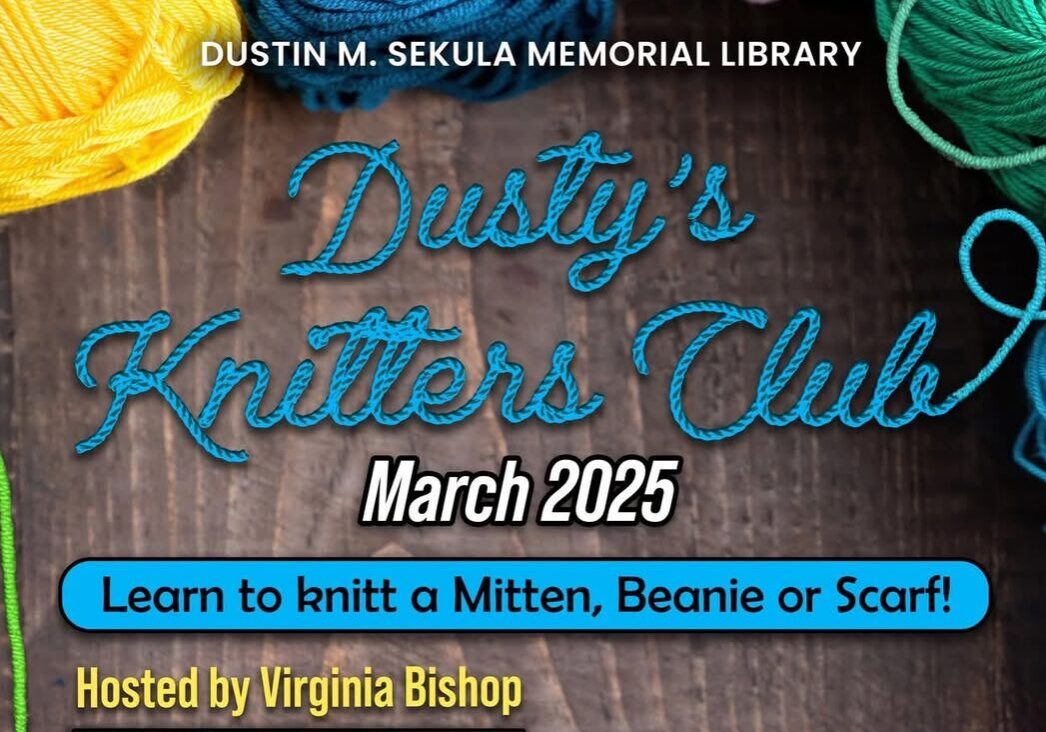 Dusty's Knitters Club poster with colorful yarn