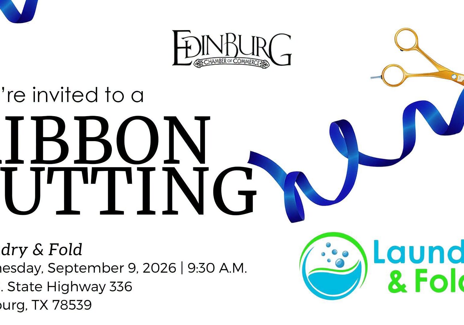 Ribbon cutting invitation with blue ribbon and scissors