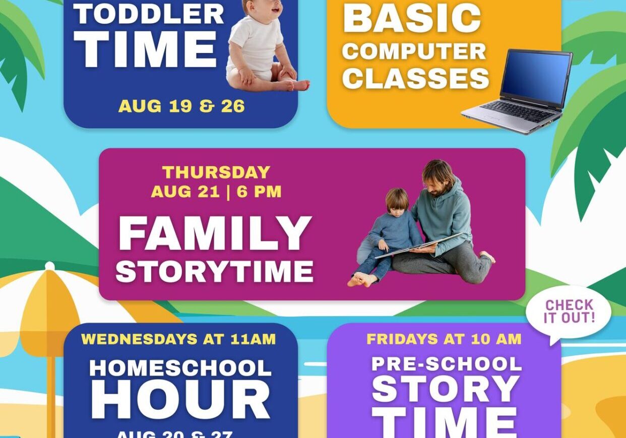 Children's library programs poster, colorful beach theme