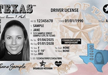 Sample Texas driver license with photo