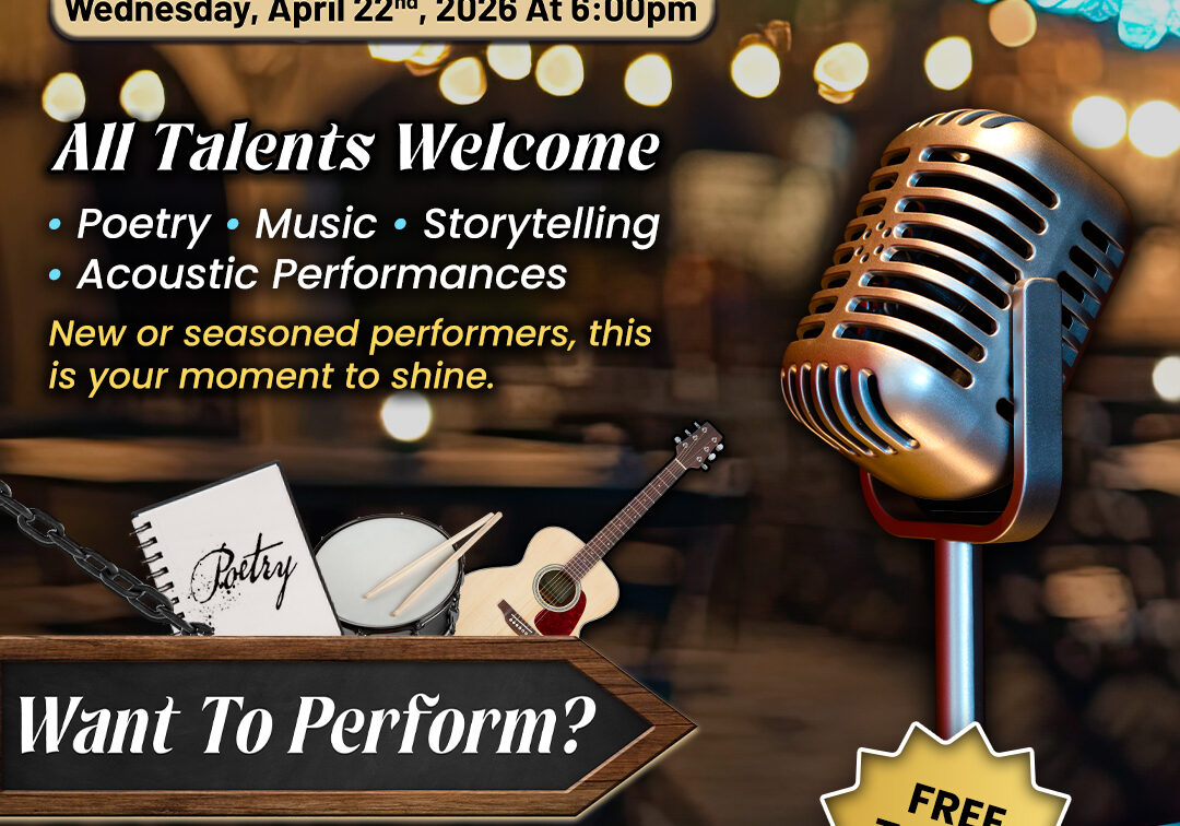 Open Mic Night flyer with microphone and instruments