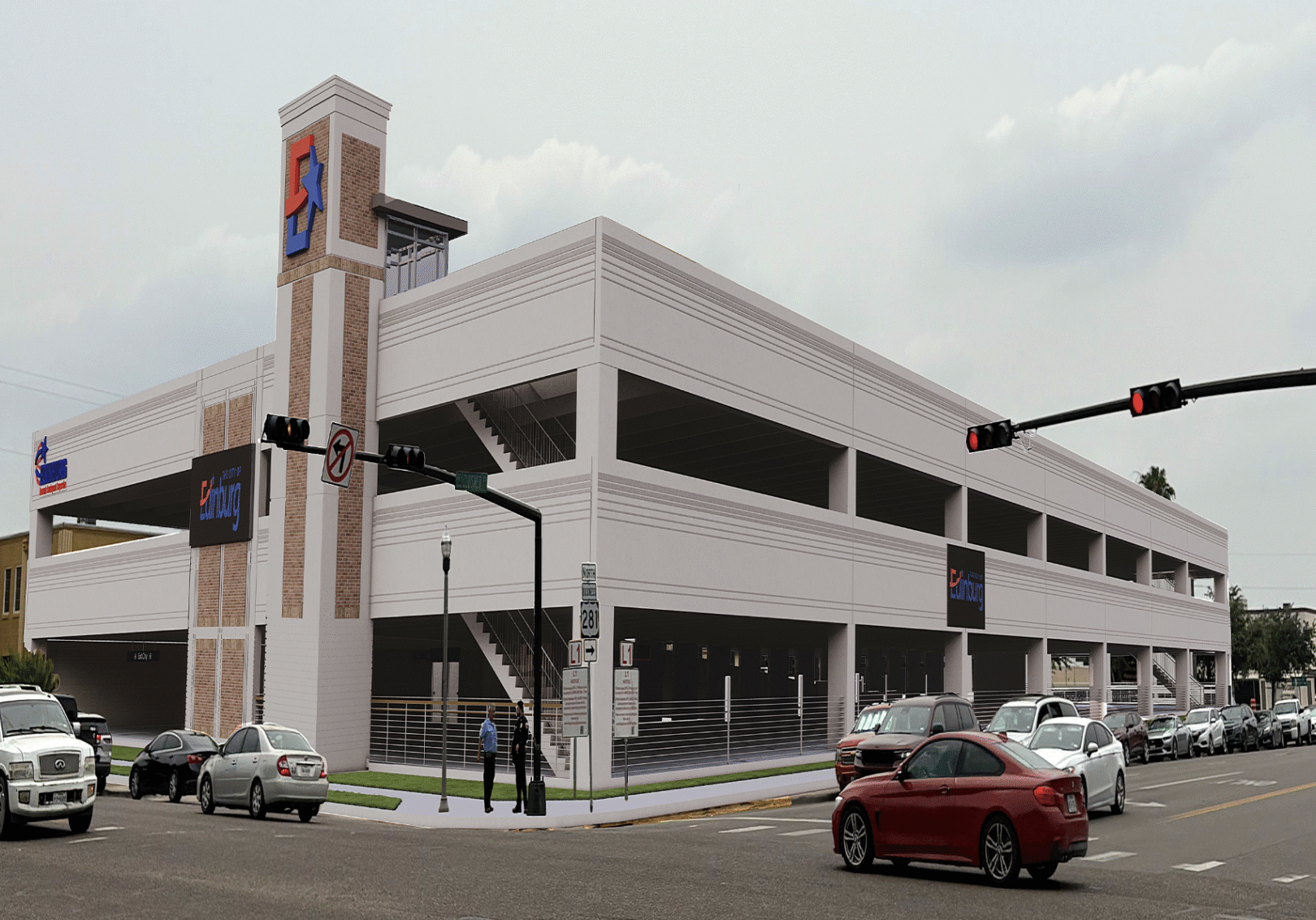 Multi-level parking garage at busy intersection