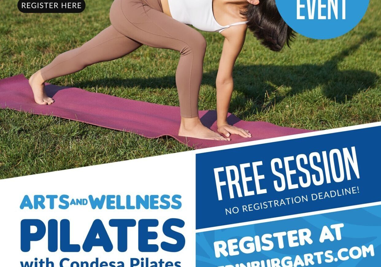 Woman performing Pilates lunge outdoors on mat