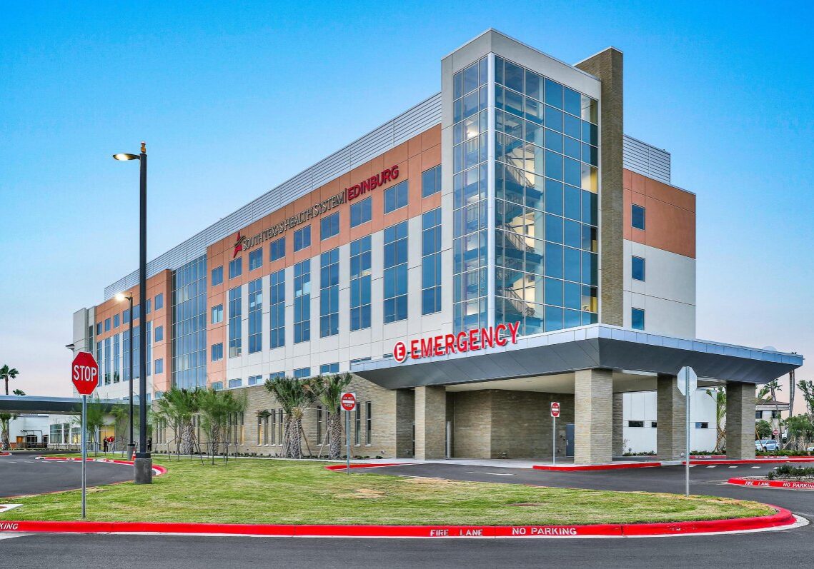 Modern hospital building with emergency entrance