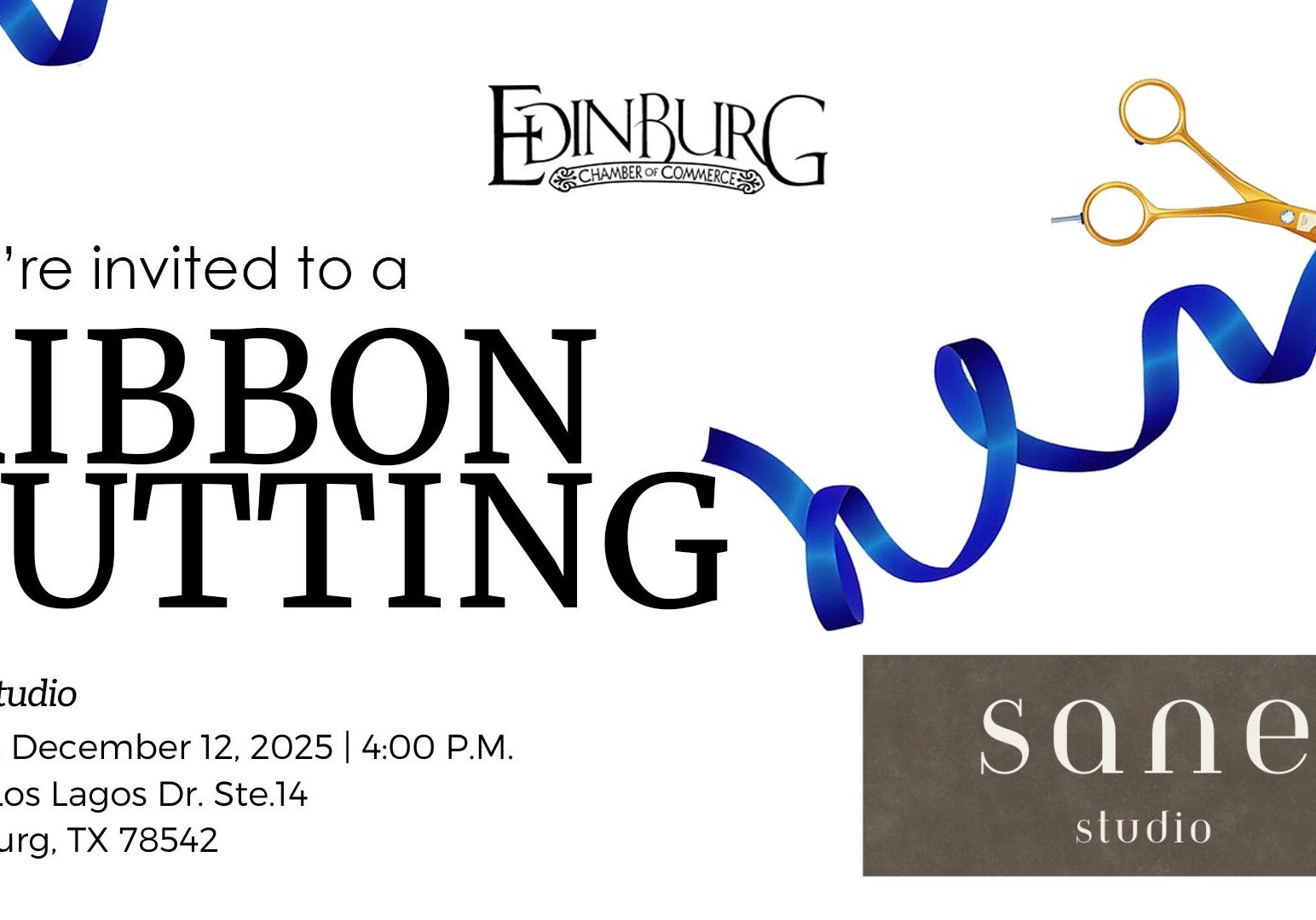 Ribbon-cutting invitation with blue ribbon and scissors