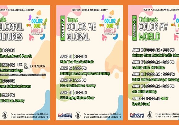 Three colorful multicultural library event posters