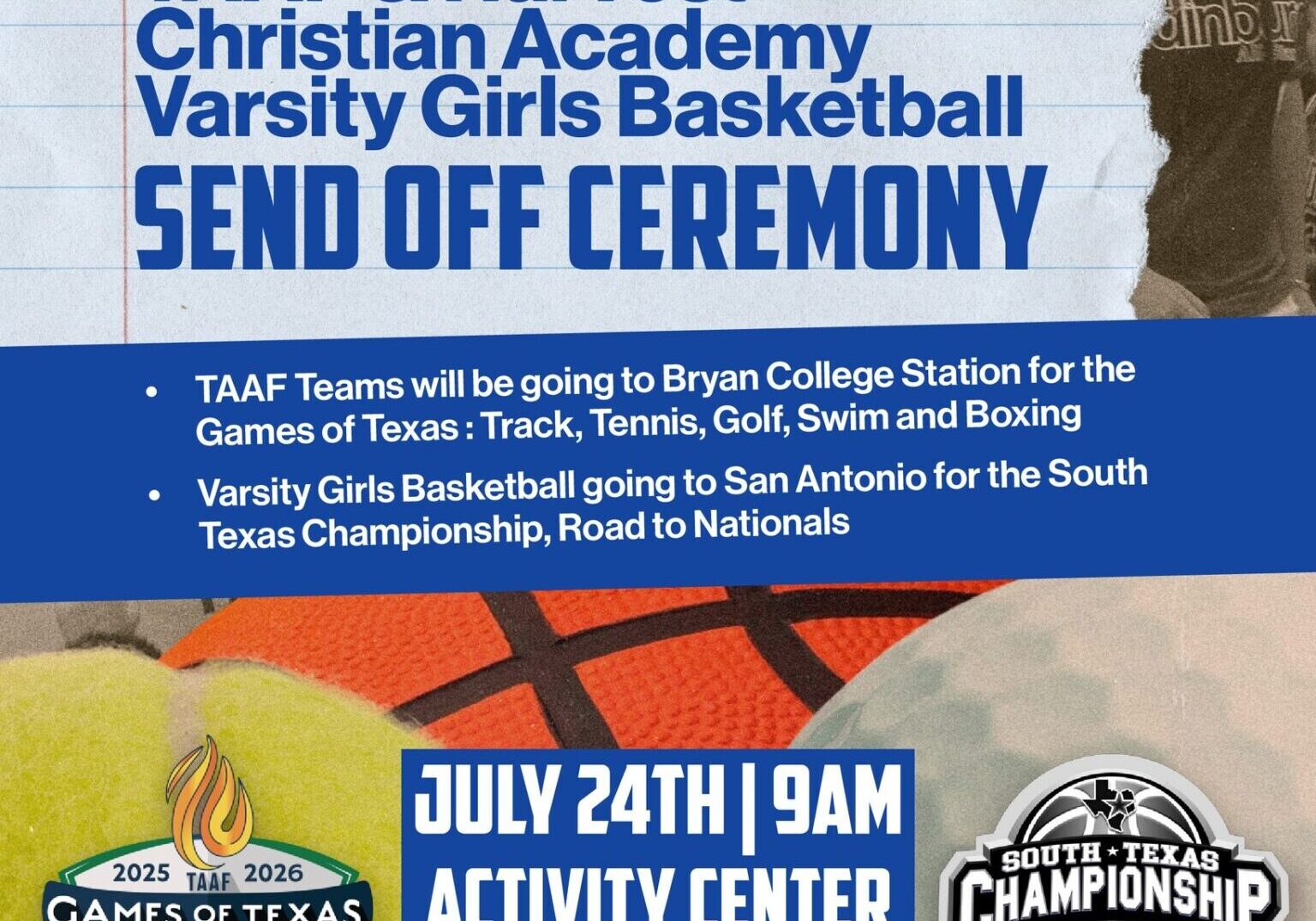TAAF and Harvest Christian Academy send-off poster