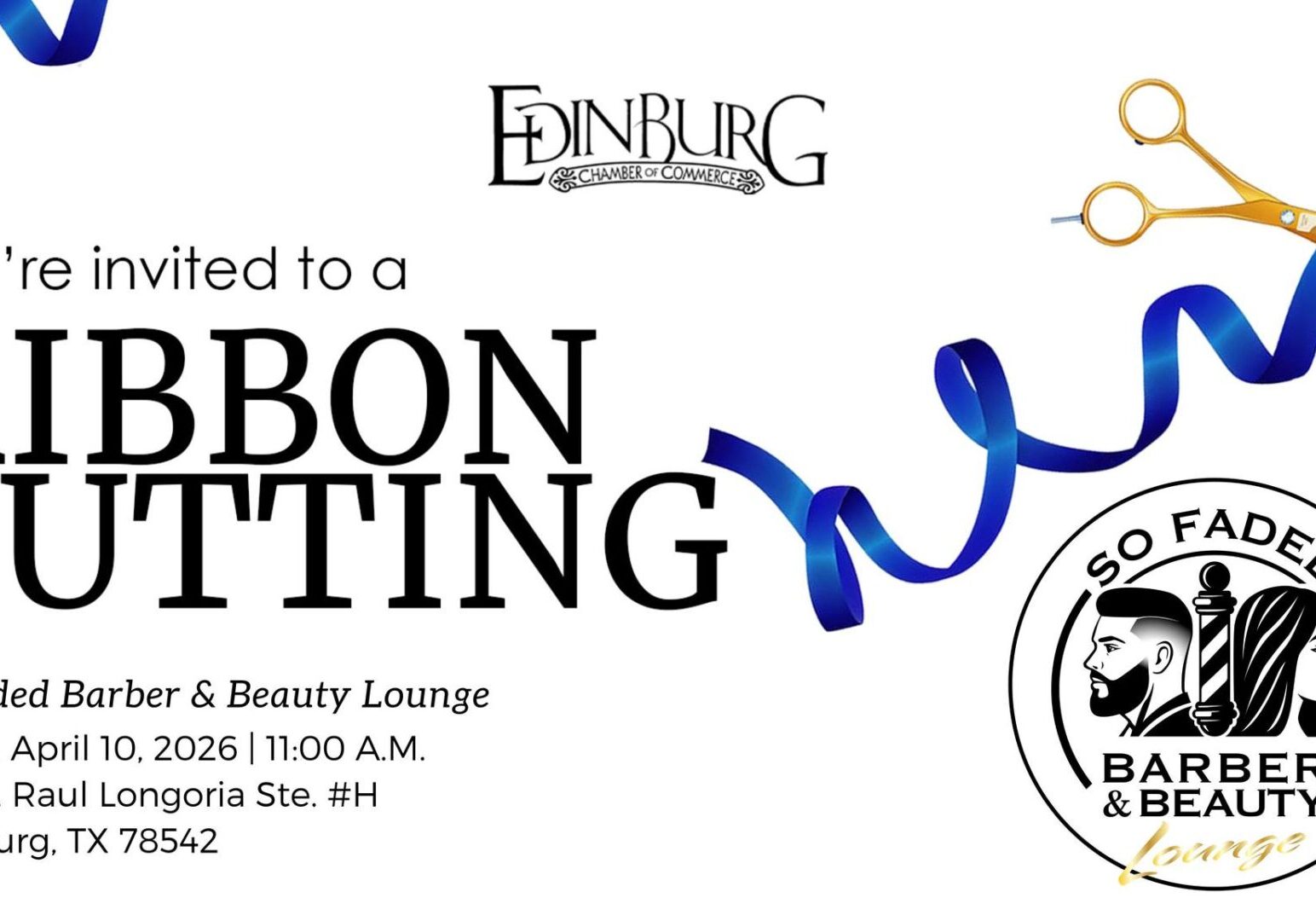 Ribbon cutting invitation with blue ribbon and scissors