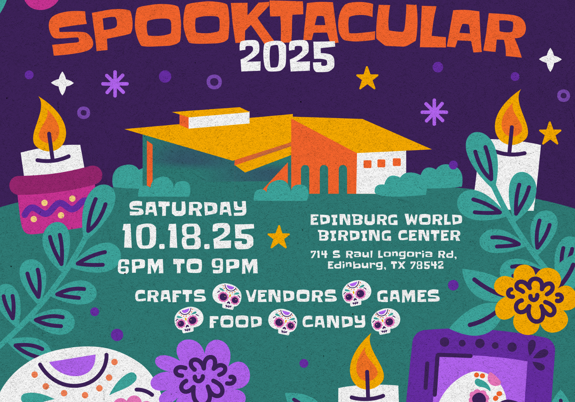 Spooktacular 2025 poster with sugar skulls