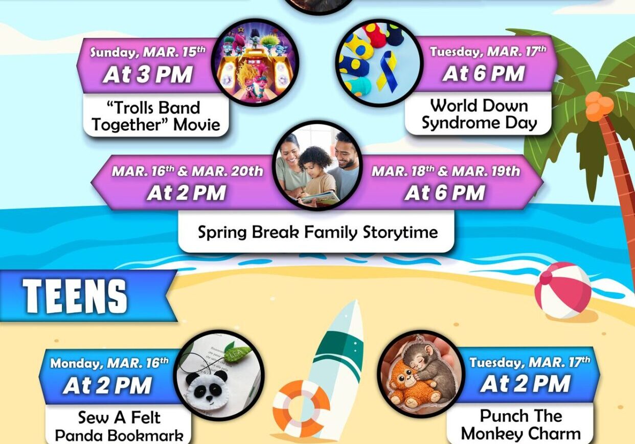 Spring Break library events flyer March 2026