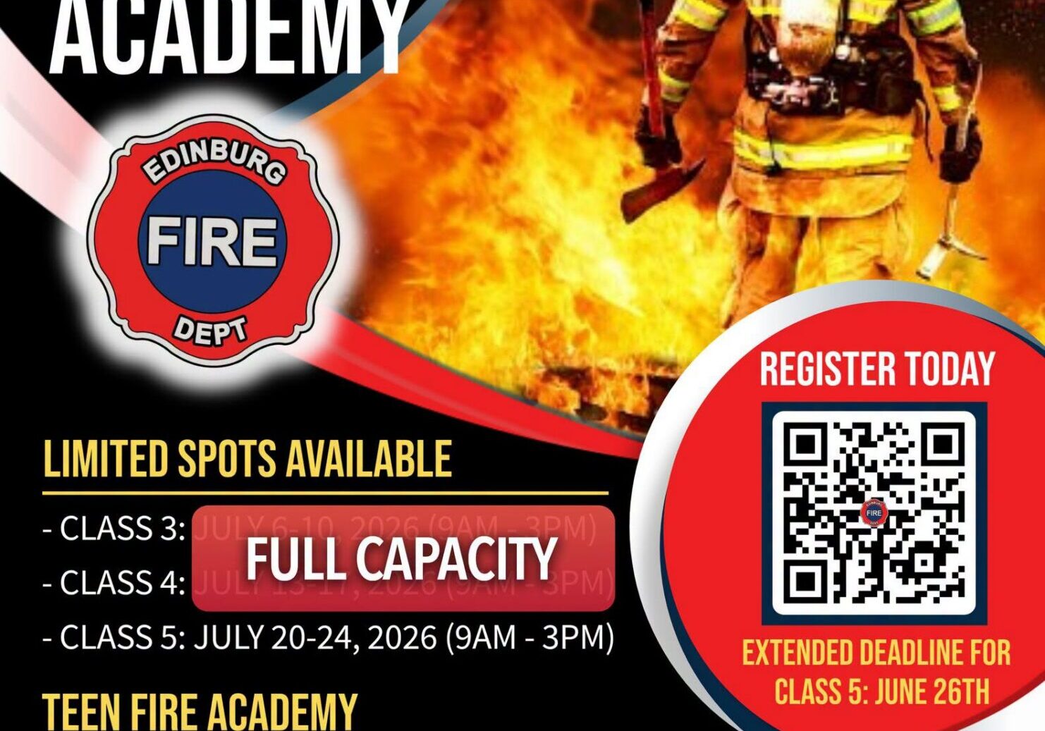 Edinburg Teen Fire Academy poster with firefighter