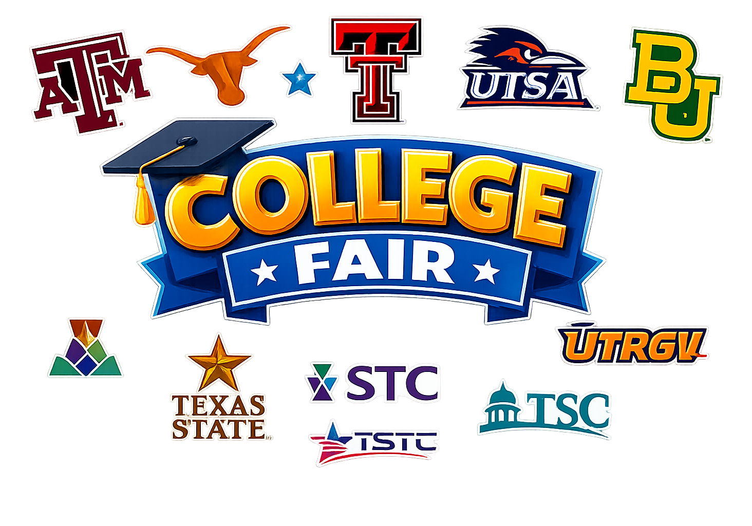 College fair banner featuring Texas university logos