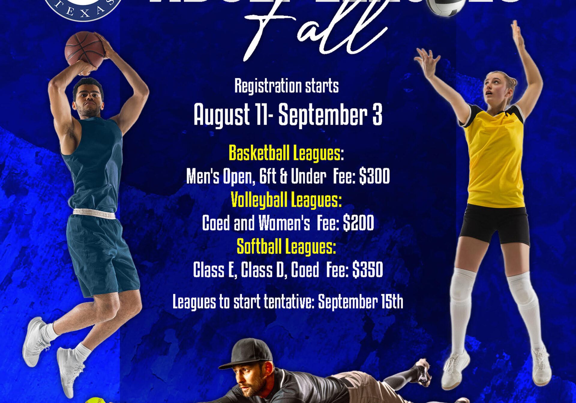 Fall adult sports leagues poster with athletes