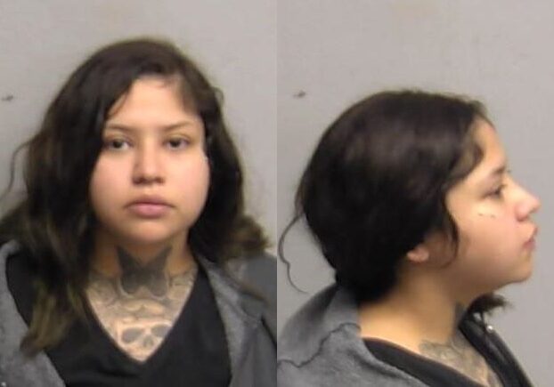 Young woman front and profile portrait, neck tattoo