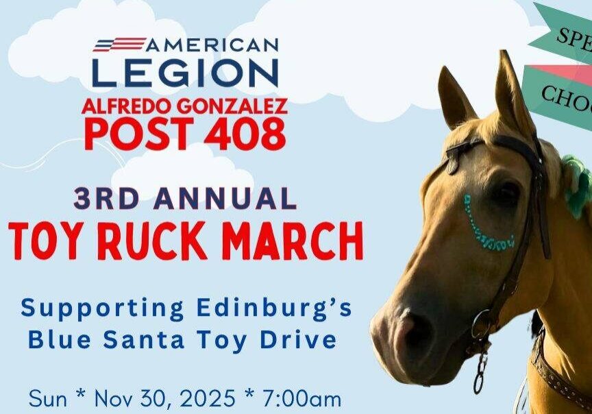 Horse beside American Legion Toy Ruck March banner