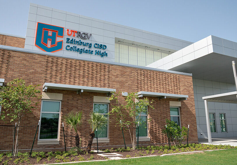 Collegiate high school building with logo